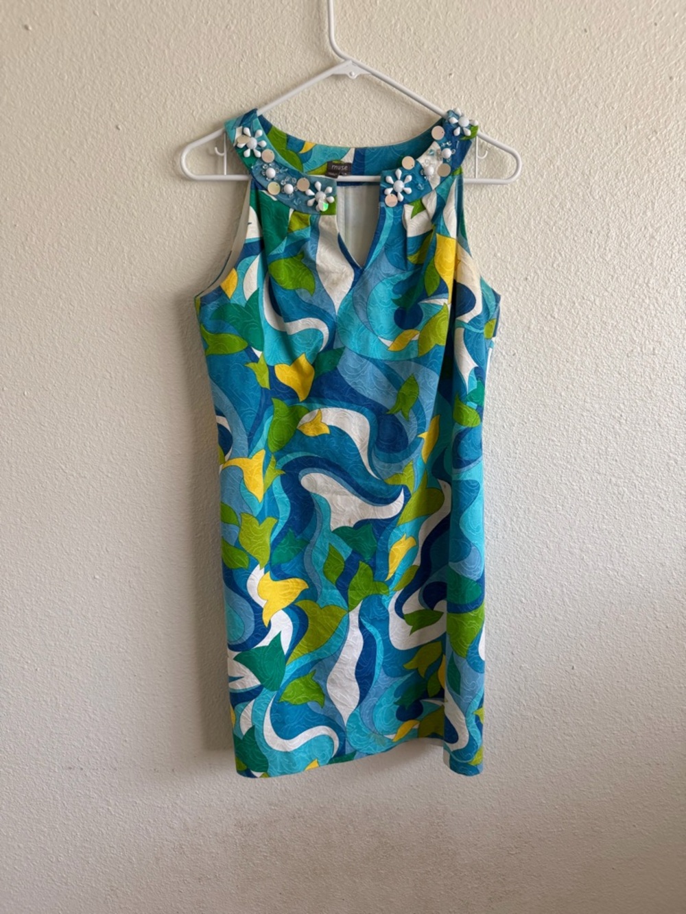 Muse Teal Blue Green Floral-Appliqué Mini Dress